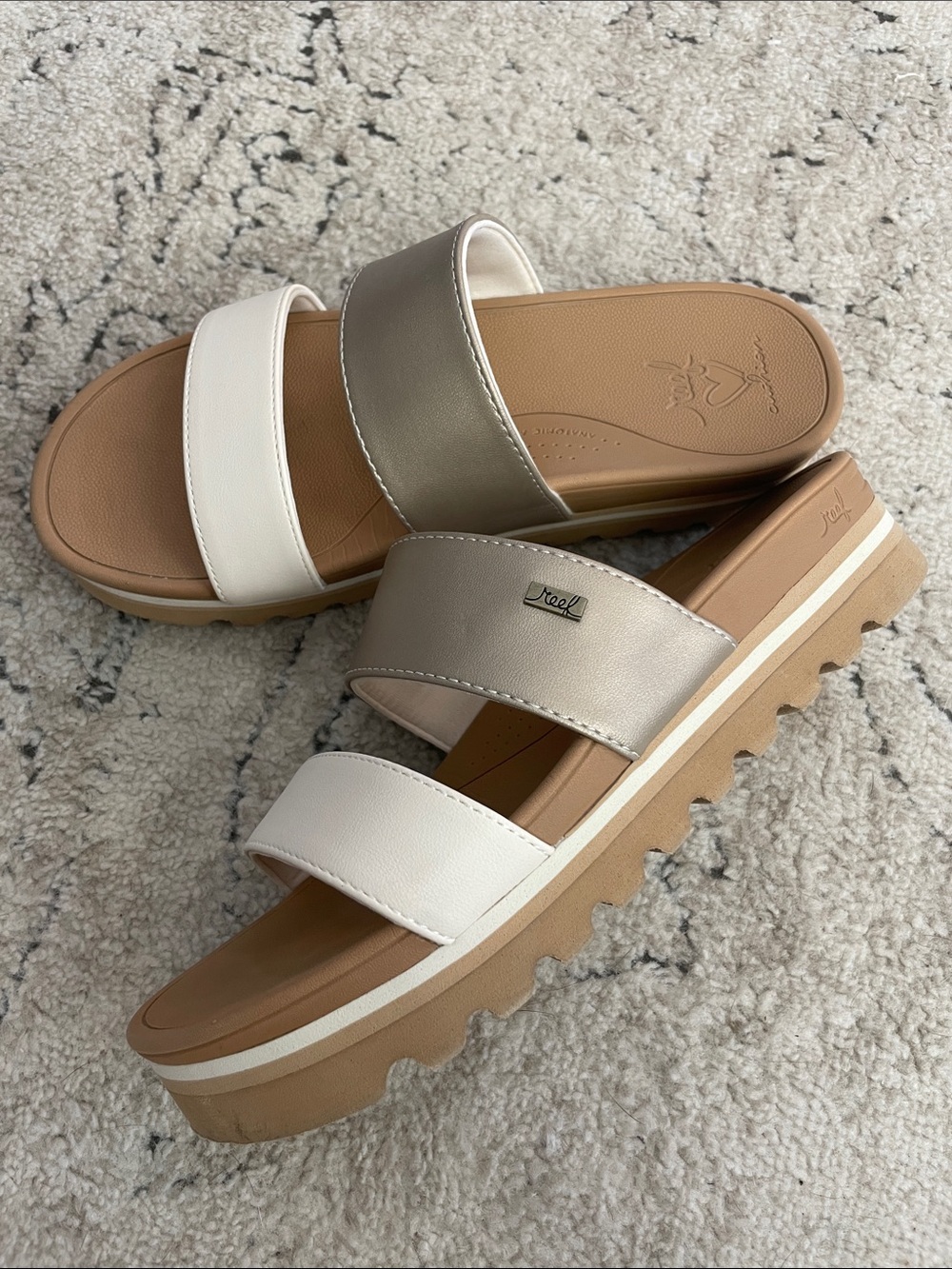 Reef Women's Dual-Strap Slides in White and Metallic Silver - Picture 4 of 17